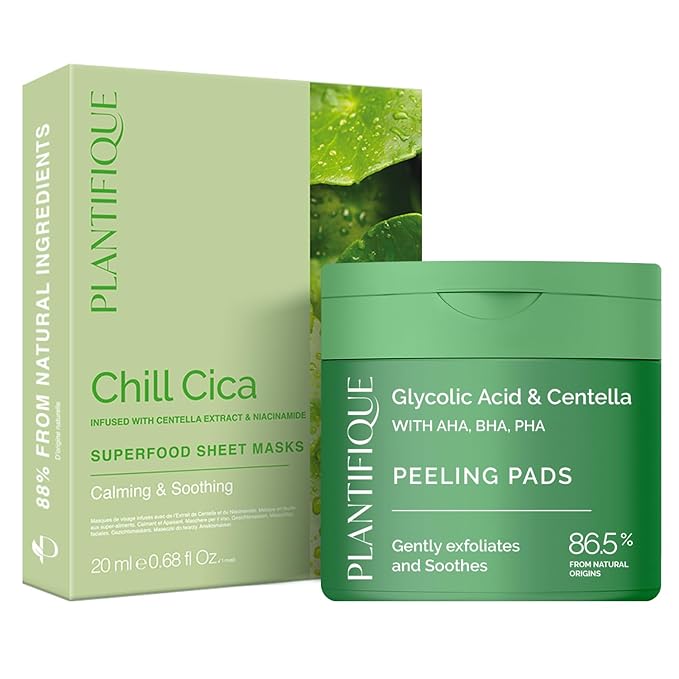 PLANTIFIQUE Facial Sheet Mask Chill Cica 5 Pack – Calming & Soothing and Korean Glycolic Acid Toner Pads with CICA, 60 Pcs