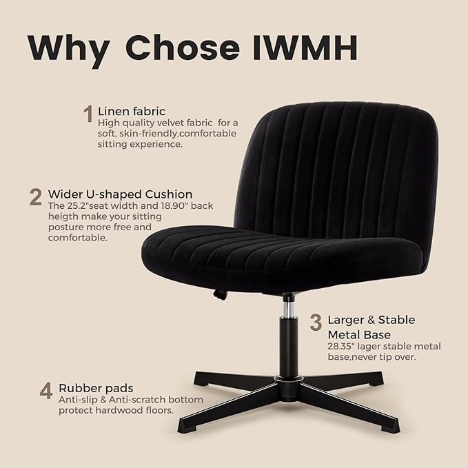IWMH Criss Cross Chair, Cross Legged Office Chairs no Wheels, Armless Wide Seat Desk Chair with Adjustable Height for Home, Vanity, Bedroom (Black)