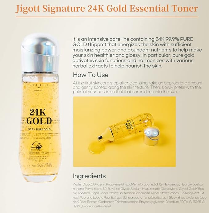 Jigott - Signature 24K Gold Essential Skin Care 3 Set - Toner (150ml), Emulsion (150ml), Cream (50ml) - Korean Skincare for Healthy and Glowing Skin