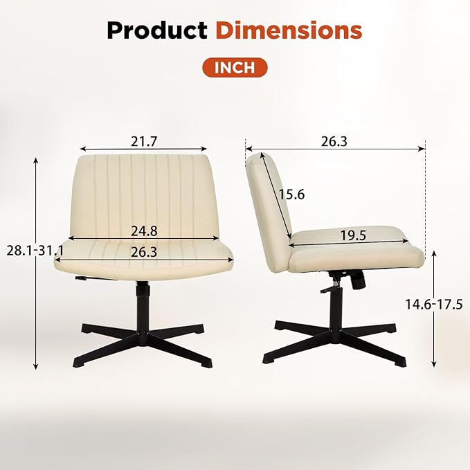 PayLessHere | Criss Cross Chair | Beige | Wide, Armless Desk Chair Without Wheels | 360 Swivel, Height Adjustable & Stable Metal Base | for Office, Home Office, Vanity Seating
