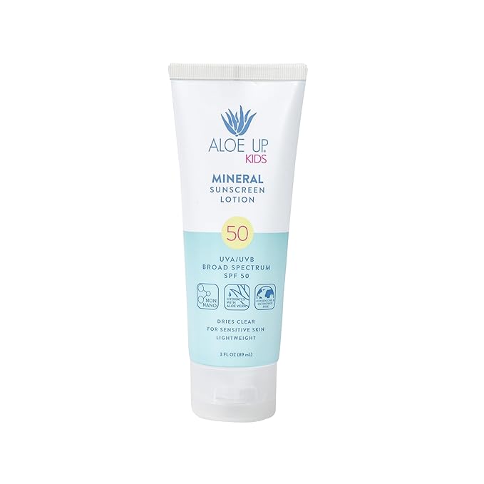 Aloe Up Mineral Sunscreen Lotion SPF 33, Mineral Sunscreen Spray SPF 50, Kids Mineral Sunscreen Lotion SPF 50, and Sport Sunscreen Lotion SPF 50 - Sunscreen Bundle - Reef Friendly - 4 Items