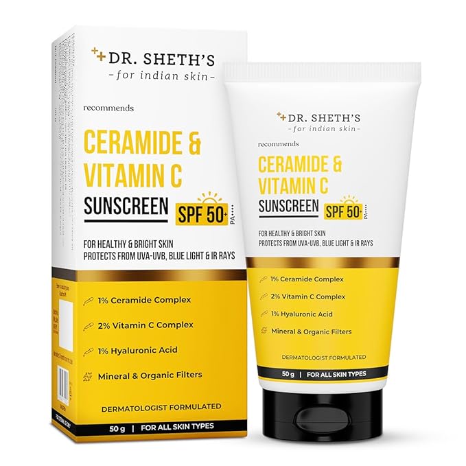 Dr. Sheth's Ceramide & Vitamin C Sunscreen In-Vivo Tested Protects, Moisturizes & Brightens Skin SPF 50+ PA++++ Lightweight, Leaves No White Cast 50 g