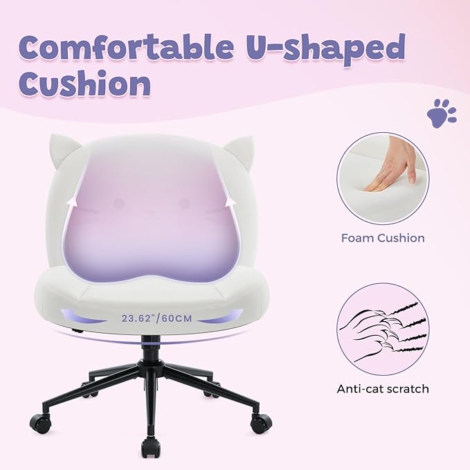 IWMH Armless Office Desk Chair with Wheels,Ergonomic Criss Cross Legged Computer Chair with Fabric Padded, Height Adjustable Wide Seat Vanity Chair,Mid Back Task Chair for Home (White cat)