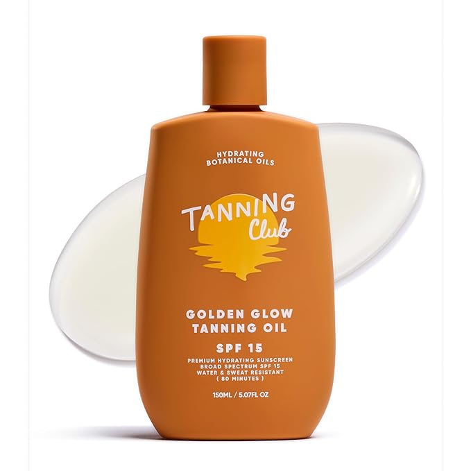 Tanning Club - Golden Glow Tanning Oil with SPF 15 - Lightweight Hydrating Sunscreen with Coconut, Carrot, and Shea Butter - Water and Sweat Resistant (80 Minutes) - 150 ml