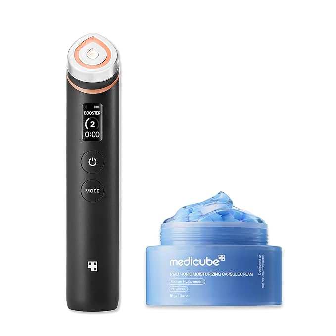 medicube Hydration & Calm Facial Device Set: Booster Pro Black and Hyaluronic Acid Capsule Cream | for Radiant and Firmer-Looking Glow and Soothing Care, Korean Skincare
