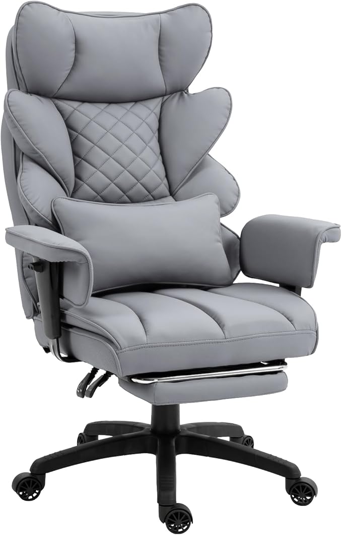 Dowinx Big and Tall Office Chair with Pocket Spring Cushion,High Back Computer Gaming Chairs with Adjustable Armrests and Lumbar Support,Executive Desk Chairs with Footrest(PU Leather,Grey)