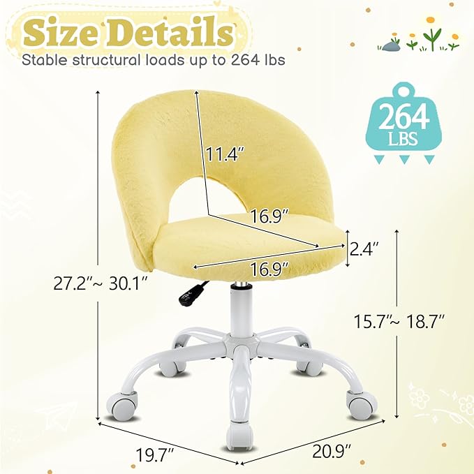 VINGLI Small Vanity Chair with Faux Fur Wheels for Girls,Cute Adjustable Height Armless Office Desk Chair,360°Swivel Comfy Rolling for Study,Make up Room,Small Space,Yellow