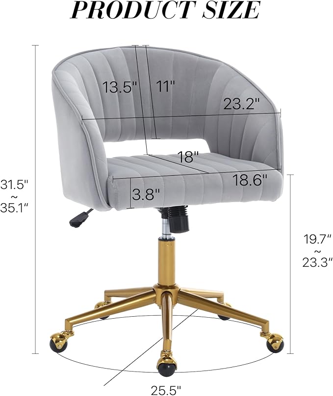 Home Office Chair Swivel Velvet Desk Chair Accent Armchair Upholstered Modern Tufted Chairs with Gold Base for Girls Women Ergonomic Study Seat Computer Task Stools for Living Room(Light Gray)