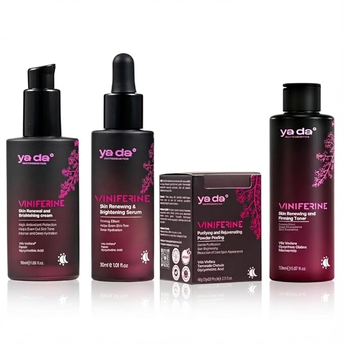 Yada Cosmetics Viniferine 4-Pc Set: Cleanser, Toner (5.07 fl oz), Serum (1.01 fl oz), Cream (1.69 fl oz). Dark Spot Corrector & Anti-Aging Routine. Brightening Skincare Kit. Vegan & Cruelty-Free