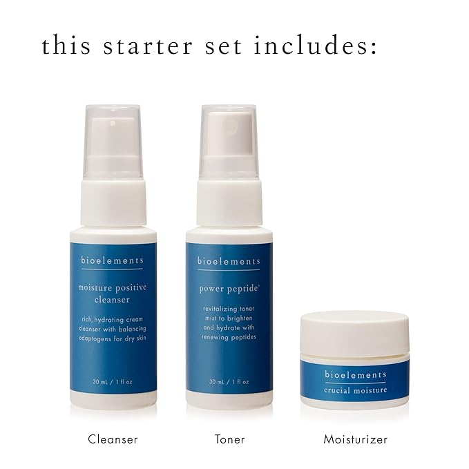 Bioelements 3-Step Mini Starter Set: Dry Skin - Includes Moisture Positive Cleanser, Power Peptide Toner & Crucial Moisture Moisturizer - Vegan, Gluten Free - Never Tested on Animals