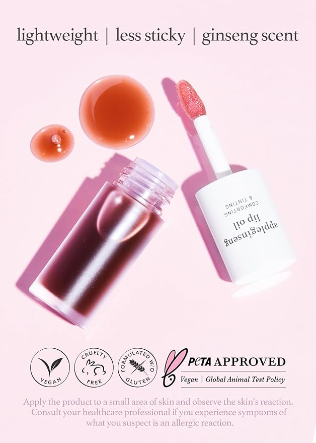 NOONI Korean Vegan Lip Oil - Applecranberry, 0.12 Fl Oz + Korean Lip Oil - Appleginseng, 0.12 Fl Oz Bundle