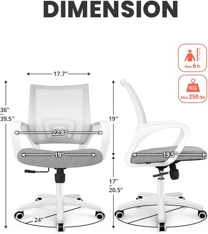 NEO CHAIR Office Desk Computer Chair Ergonomic Mesh Gaming Mid Back Seat with Comfy Lumbar Support Adjustable Height Swivel for Home Task (Grey)