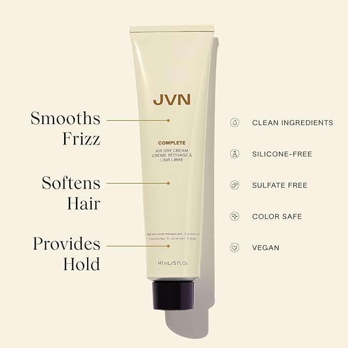 JVN No Heat Complete Air Dry Cream, 5 Fl Oz, Hair Smoothing Cream Enhances Your Natural Texture, Curl Cream and Wavy Hair Products, Silicone Free