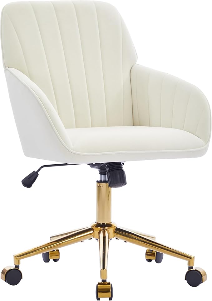 YITAI Velvet Office Desk Chair with Wheels and Gold Base,Modern Height Adjustable 360 Degree Swivel Upholstered Vanity Chairs with Arms for Living Room Bedroom, Study,Cream