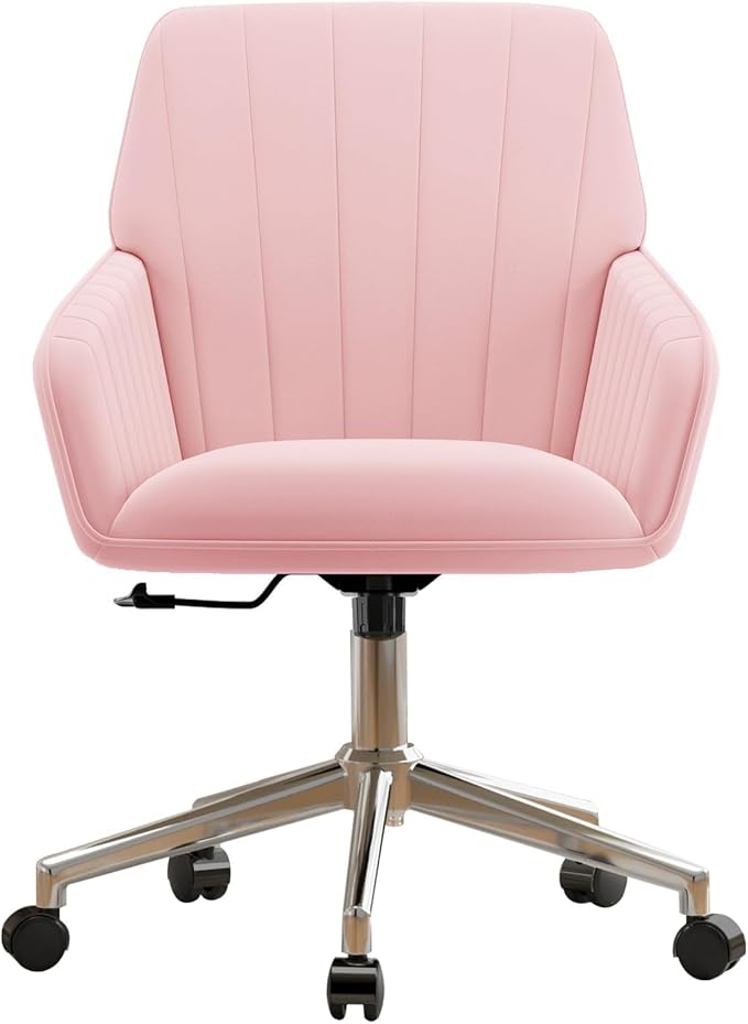 YISHENG Velvet Office Desk Chair with Silver Base, with Wheels,Modern Height Adjustable 360 Degree Swivel Upholstered Vanity Chairs with Arms for Living Room Bedroom,Pink