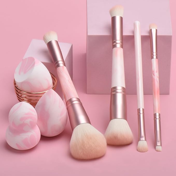 Pink Makeup Brushes set, 4 Dual-Ended Brushes, 3 Makeup Sponges & 1 Metal Stand, Professional Complete Cosmetic Brush Set, for Foundation Powder Blush Eyeshadow