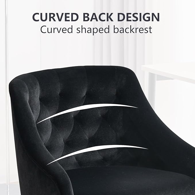 MOJAY Velvet Office Swivel Chair, Vanity Fabric Desk Pretty Fancy Gold Office Chairs for Girls, 360°Swivel Height Adjustable Reception Chair (Black)