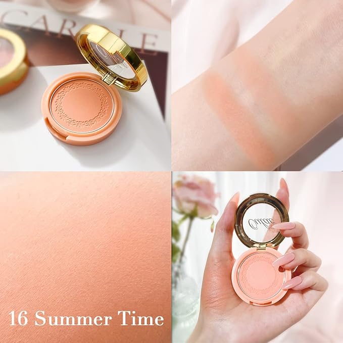 Oulac Peach Blush Makeup Fair Skin| Pigmented Powder Blush Korean Style| Natural Radiant Look| Blendable & Buildable Blush Light Skin| Vegan Cruelty-Free| 4.8g 16 Summer Time