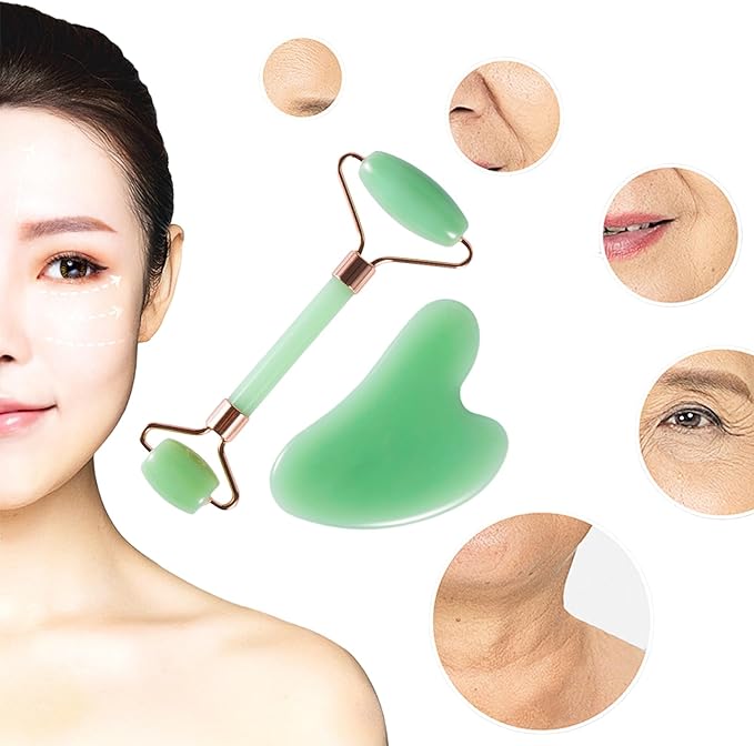 2pcs Scraping Facial Tool Valentine's Day Gift, Includes Roller and Scraping Set Massage Tool Jawline Sculptor Facial Contour Sculpting Tool for Your Skin Care Routine (Light Green Set)