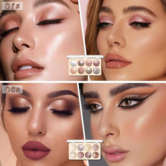 Baked Shimmer Makeup Palette, 8-Color Neutral Champagne Gold Eyeshadow & Highlight Palette – High Pigment Soft Glow, No Fallout, Long-Lasting Eye Makeup for Everyday Radiant Looks 2#