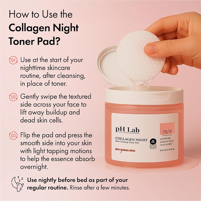 pH Lab Collagen Night Toner Pad, Gentle Face Pads for Glowy & Smooth Skin with Salmon DNA, 60 Pads