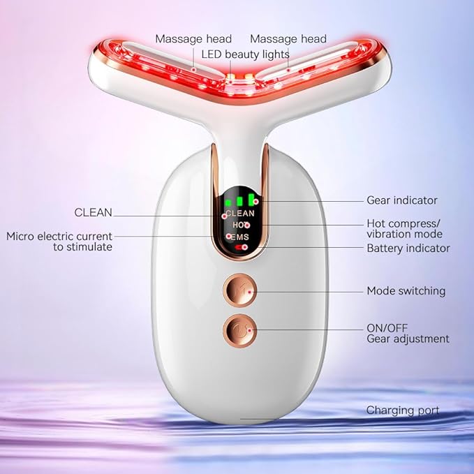 Micro-Current Facial Beauty Device, Red Light Therapy for Face, 3 Color LED Facial Massager for Skin Care with Thermal, Vibration, White