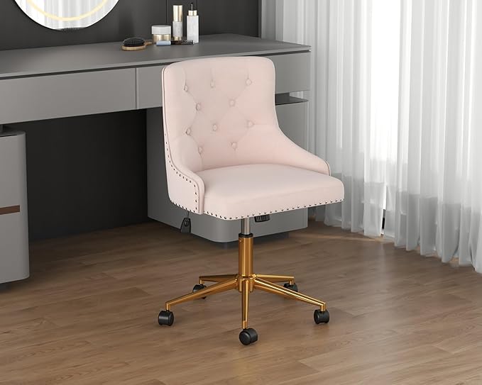 Velvet Armless Home Office Desk Chair, Swivel Height-Adjustable Small Cute Vanity Chair for Women/Girls, Comfy Makeup Chair with Rivet and Gold Base for Living Room, Bedroom(Light Pink)