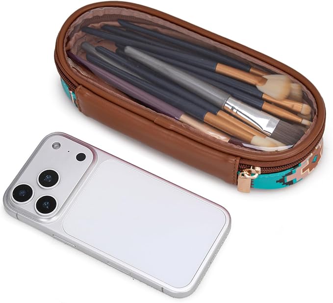 Montana West X Wrangler Travel Makeup Bag 2pcs Set Large Cosmetic Bag with Makeup Brush Holder Portable Make Up Organizer Cute Toiletry Bag with Divider and Handle for Women Aztec