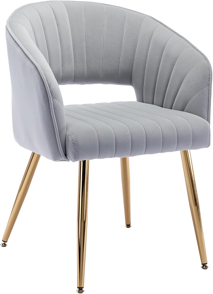 Home Office Chair Velvet Desk Chair Accent Armchair Upholstered Modern Tufted Chairs with Gold Legs for Girls Women Ergonomic Study Seat Computer Task Stools for Living Room(Light Gray)