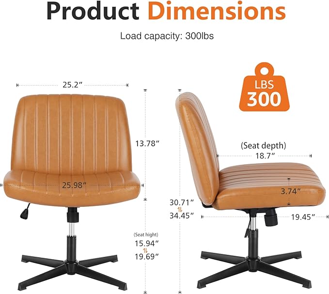 Sweetcrispy Criss Cross Chair Legged, Armless Office Wide Desk Chair No Wheels, PU Leather Swivel Vanity Height Adjustable Fabric Modern Computer Task Seating for Home - Brown