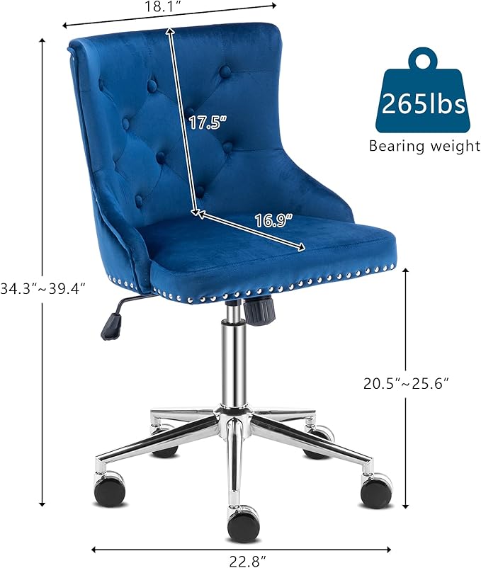 VINGLI Navy Blue Velvet Armless Home Office Desk Chair with Silver Chrome Base/Wheels, Cute Vanity/Makeup Chair with Back for Bedroom, Upholstered Adjustable Rolling Swivel Nail Chair for Women/Girls