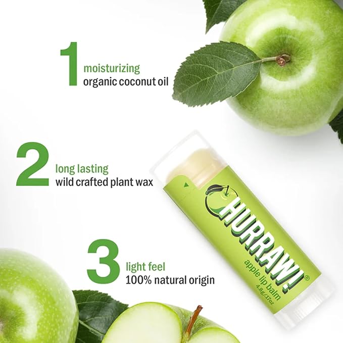 Hurraw! Apple Lip Balm: Organic, Certified Vegan, Cruelty and Gluten Free. Non-GMO, 100% Natural Ingredients. Bee, Shea, Soy and Palm Free. Made in USA