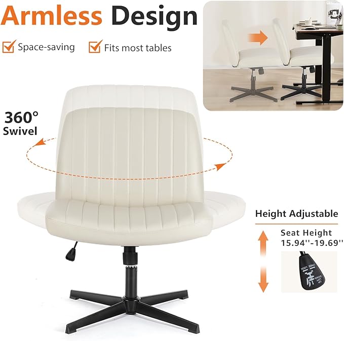 Sweetcrispy Criss Cross Chair Legged, Armless Office Wide Desk Chair No Wheels, PU Leather Swivel Vanity Height Adjustable Fabric Modern Computer Task Seating for Home - Beige