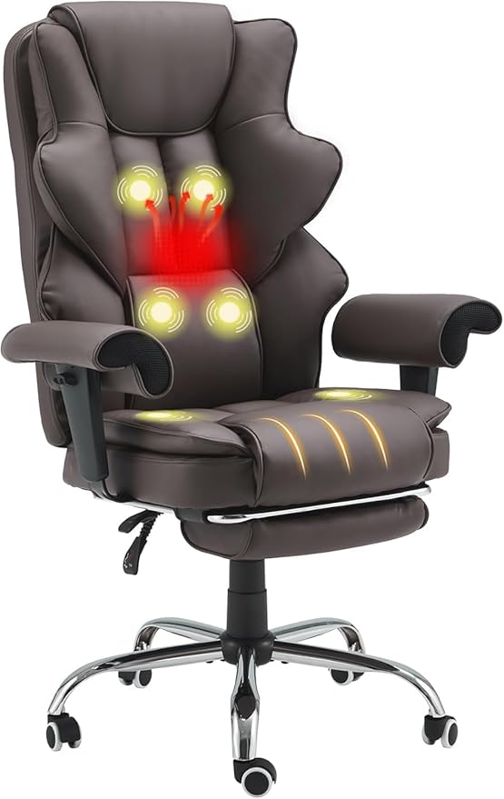 HOMREST 6-Point Massage Executive Chair, Ergonomic Heated Office Chair with Adjustable Backrest & Armrests, Home Office Desk Chair, Leather Computer Chair with Retractable Footrest(Brown)