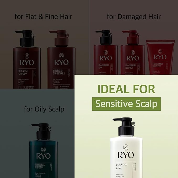 RYO Sensitive Scalp Care Shampoo with Korean Ginseng & Caffeine - Soothing and Relief for All Hair Type, Anti Loss Care, Dermatologist Tested, 16 Fl Oz.
