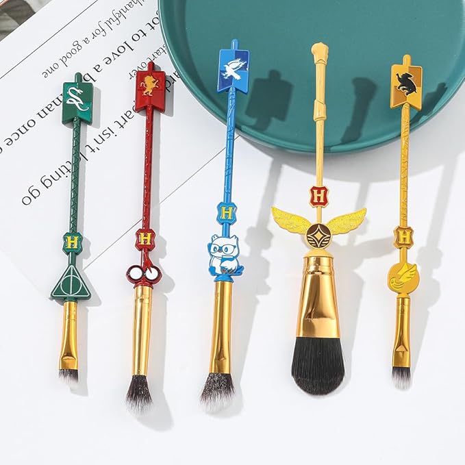 Fantasy Magic Academy Makeup Brushes, 5PCS Metal Handle Brushes with Golden Snitch, Horcrux, Elder Wand & Dobby Designs - Premium Makeup Tools Gift Set for Wizarding World Fans (H P)