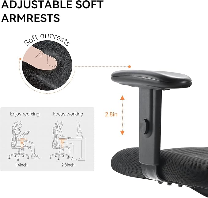 Ergonomic Office Chair, Mesh Computer Desk Chair with Adjustable Sponge Lumbar Support, Thick Cushion, PU Armrest and Headrest, High Back Swivel Home Office Task Chair for Work (Black)…