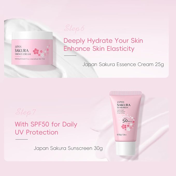 Skin Care Sets for Teenage Girls, Sakura Skin Care Sets & Kits Women Beauty Gift Set with Cleanser, Mud Mask, Toner, Serum, Eye Cream, Facial Cream, and Sunscreen, Birthday Gift for Women and Girls