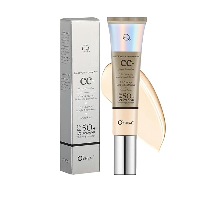 O'CHEAL CC Foundation with SPF 50+, Full Coverage Moisturizer Color Correcting Cream Concealer Powder Foundation, Lightweight Waterproof Oil-Free Pre-makeup Primer for All Skin Types (Ivory)