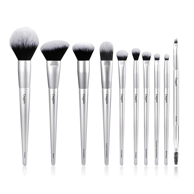 Professional Makeup Brushes 10Pcs, Premium Synthetic Make Up Brush Set, Powder Foundation Contour Blush Concealer Eye Shadow Blending Liner Makeup Brush Kit (Silver)