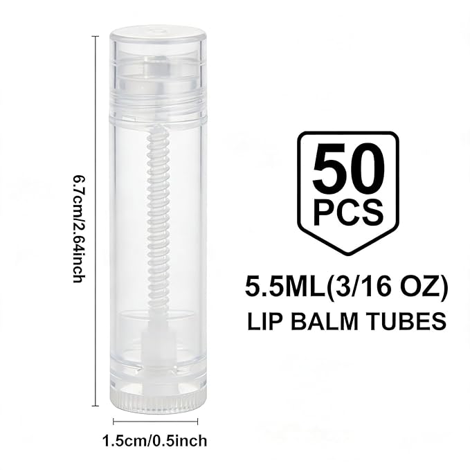 50 Pack Clear Lip Balm Tubes, BPA Free Empty Lip Balm Containers with Caps, Round Cosmetic Containers for DIY Lipstick, Homemade Lip Gloss & Craft Projects (Clear)