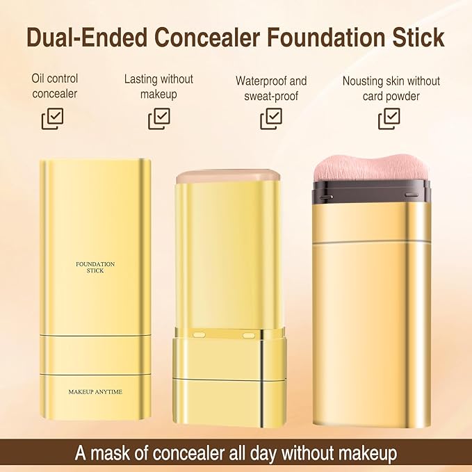 Luminous Dual-Ended Concealer Foundation Stick,Korean Full Coverage Foundation Stick,3-In-1 Long-Lasting Foundation with Concealer & Brush,Sweat-Resistant Finish for All Skin Types(#1 Ivory White)