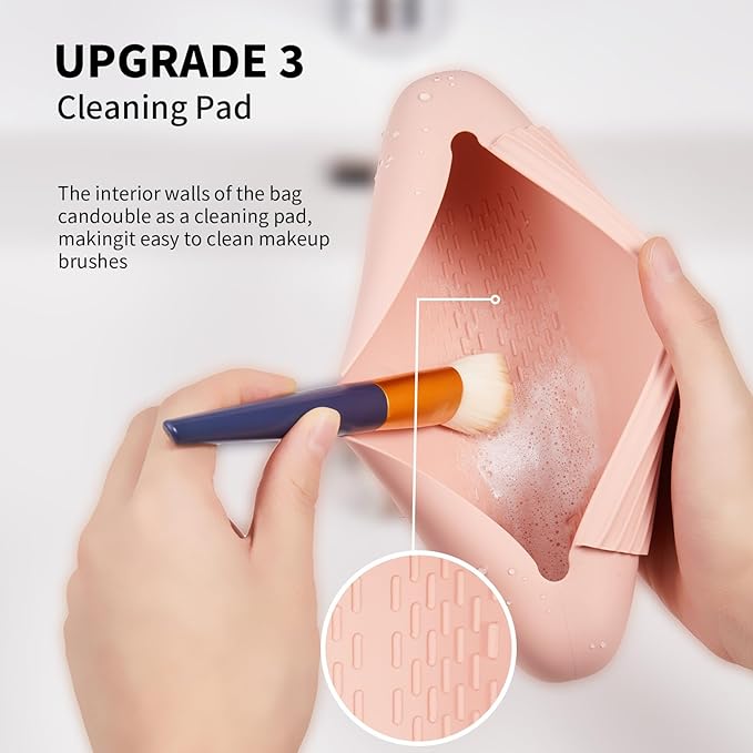 Silicone Makeup Brush Holder Travel Cosmetic Bag：Soft Portable Cosmetic Face Brushes Holder with Upgrade Anti-Fall Out Magnetic Closure, Large Travel Makeup Brush Case - Pink Sand