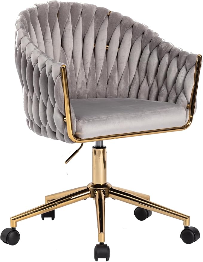 Velvet Office Chair with Hand Woven Back, Vanity Desk Chairs with Golden Wheels, Swivel Home Office Desk Chair, Accent Makeup Desk Chair for Bedroom, Living Room(Grey)