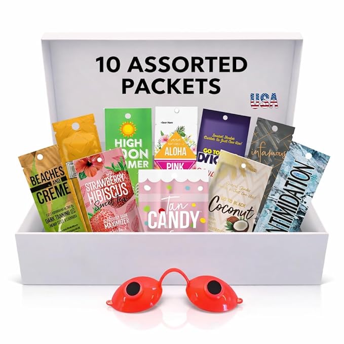 10 Pack of Tanning Bed Lotion Packets + Eyewear, The Tan Box is a Random Selection, Best Indoor UV or Outdoor Sun Cream, Dark Accelerator with Goggles (0.5 oz each)