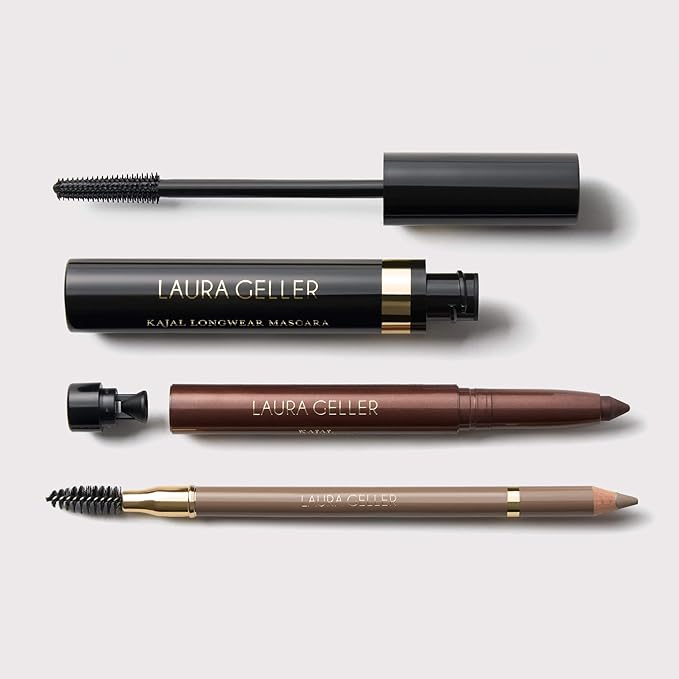 LAURA GELLER Laura’s 3 E’s Eyebrows, Eyelash & Eyeliner Kit for Mature Skin | Taupe | Kajal Longwear Eyeliner, Kajal Longwear Mascara & Bravo Brows Soft Pencil + Brush