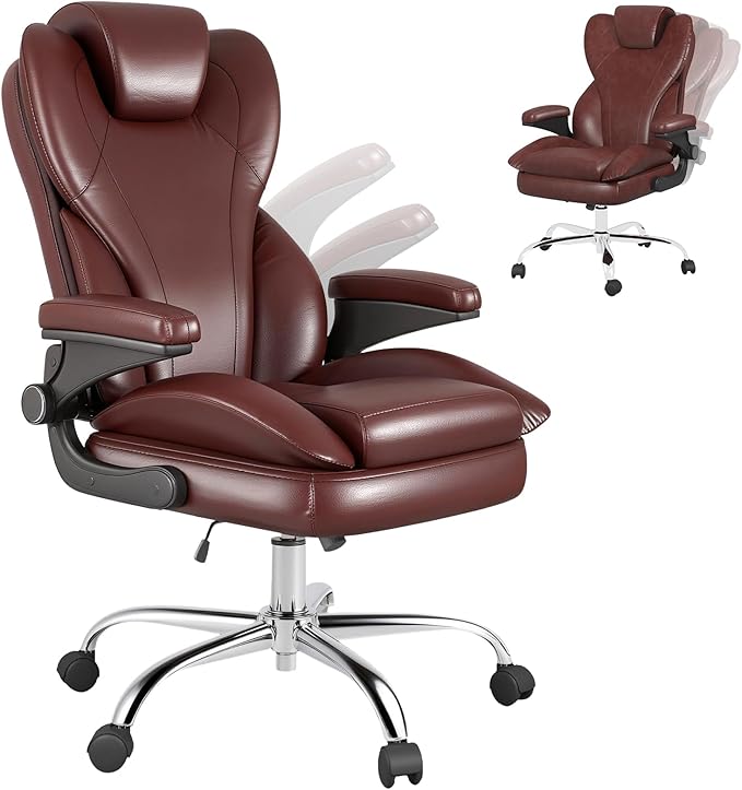 Hovos Office Chair, Ergonomic Big and Tall Desk Leather Chair with Padded Flip-up Arms, Adjustable Tilt Lock, Heavy Duty Swivel Rolling Computer Chair for Home Office, Brown