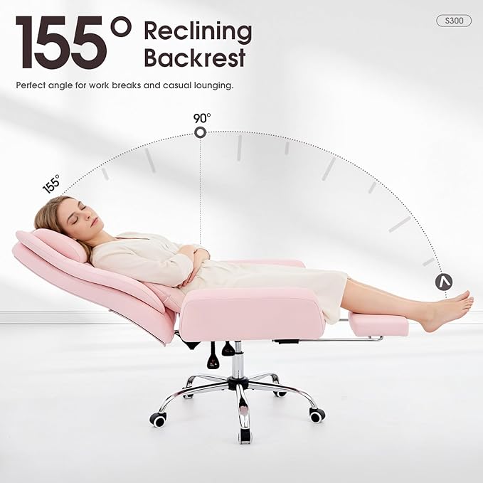 Criss Cross High Back Office Chair with Foot Rest, Ergonomic Cross Legged Desk Chair with Resivable Armrest, Comfortable Reclining 155°Swivel Chair for Home Office, Computer and Entertainment,(Pink)