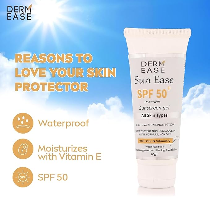 Sun Ease SPF 50+ PA+++ UVA Sunscreen Gel | Broad-Spectrum Sun Protection | High UVA & UVB Defense | Lightweight, Non-Greasy Sunscreen Gel for All Skin Types - 60g