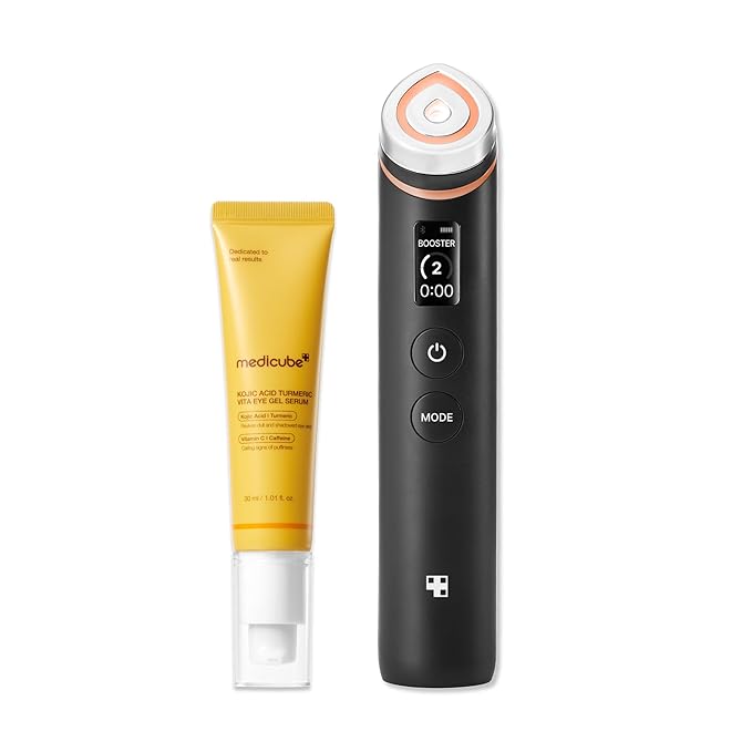 medicube Facial Device & Brightening Eye Care Duo: Kojic Acid Eye Gel Serum with Turmeric & Vitamin C and Booster Pro Black | All-Day Refreshing & Brightening Care with Retinol & Caffeine